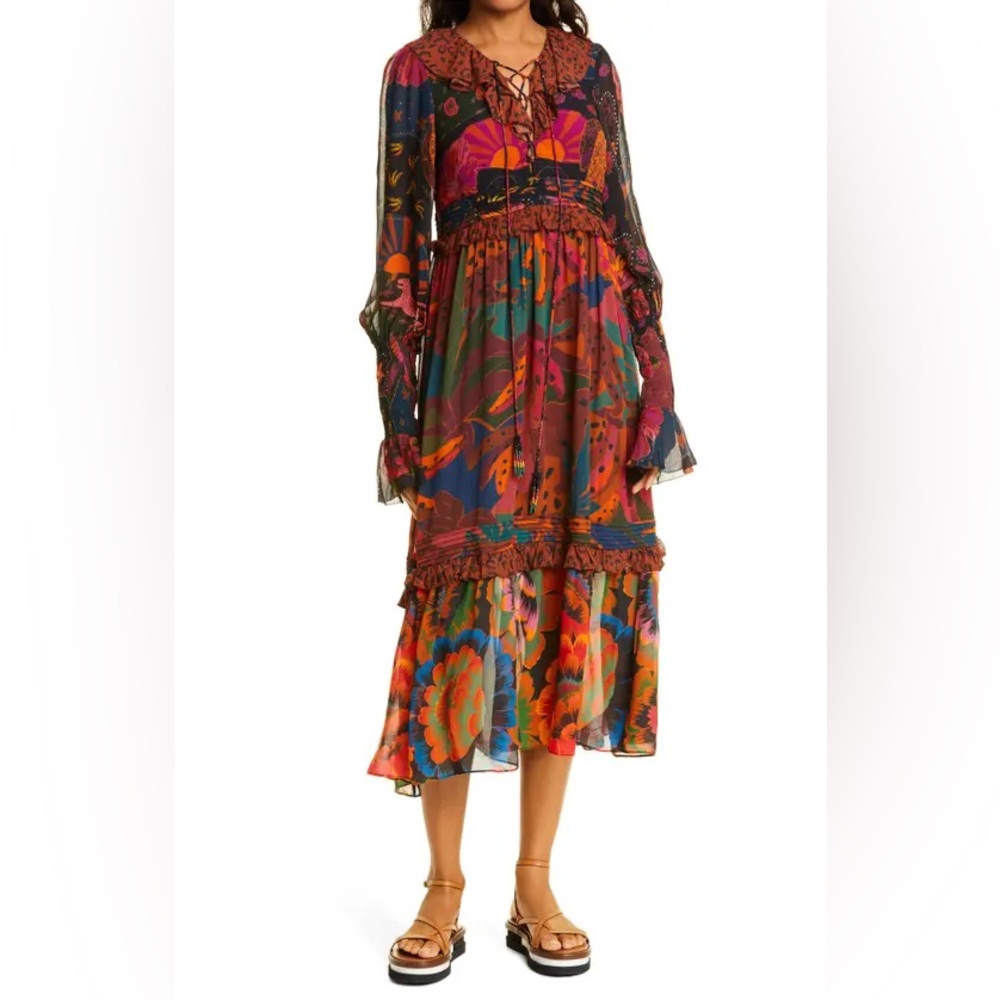 FARM RIO Mixed Leopards Jungle Long Sleeve Midi Dress XS - new without tags